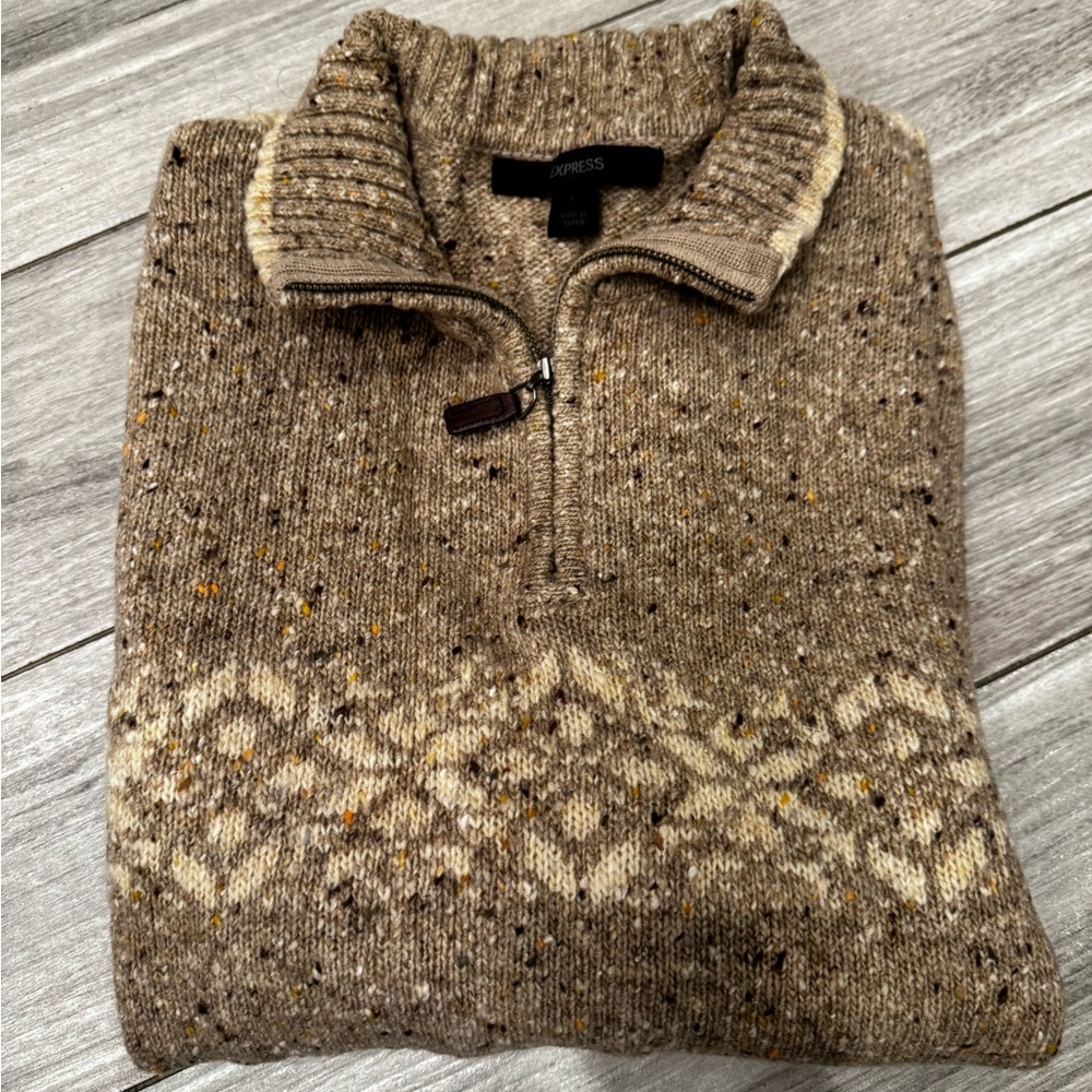 VINTAGE 2000s Express Men's Wool Blend Fair Isle Sweater Beige 1/4 Zip L